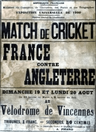 Vintage poster advertising a cricket match between France and England, scheduled for August 19 and 20 at the Vélodrome de Vincennes, with ticket prices listed.